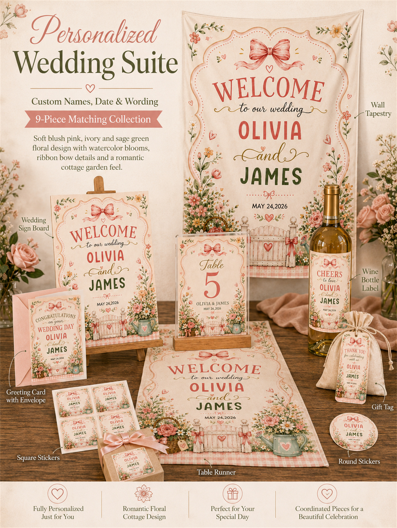 Romantic Garden Country Chic Theme - Watercolor Garden with bow Design - Custom name and date